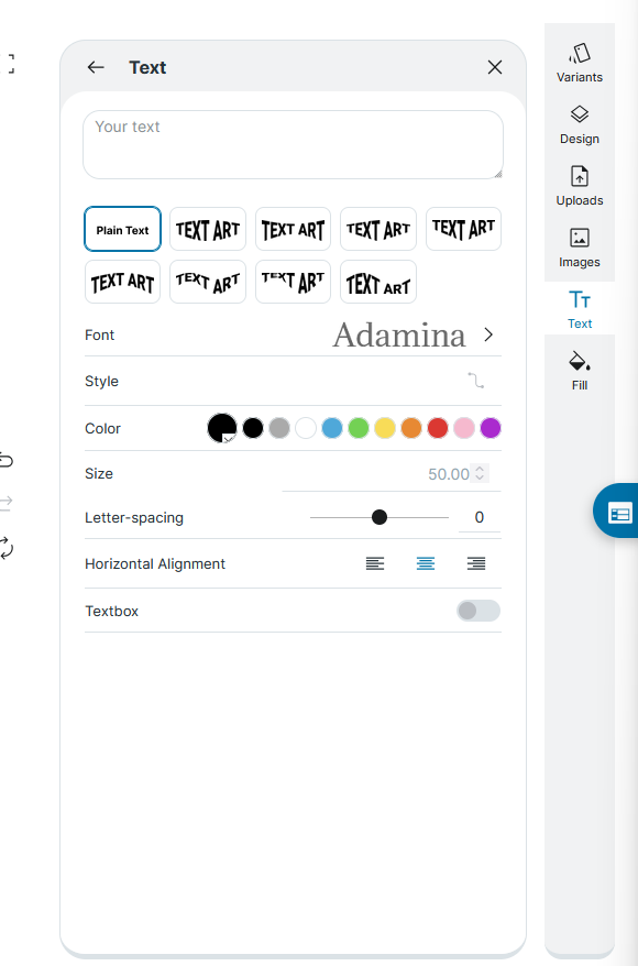 Text settings panel with font selector, style curves, color swatches, and size slider.